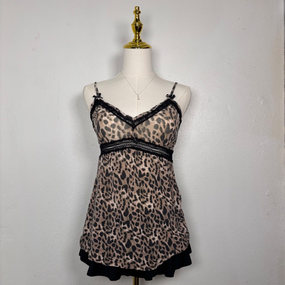 rene rofe sleepwear cami brown black cheetah y2k lace babydoll bow coquette chic